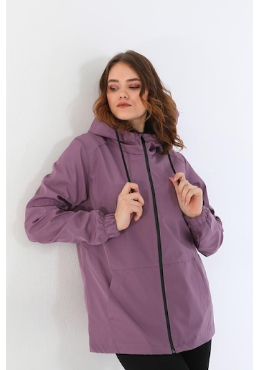 Kadın Astarlı Su Geçirmez Ve Rüzgara Dayanıklı Kapüşonlu Iç Cepli Yağmurluk - Rüzgarlık Mürdüm