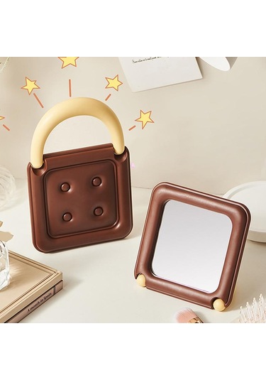 Sevimli Çikolata Kare Ayna Çift Taraflı Katlanır Kompakt Ayna Çanta İçin Makyaj Aynası Taşınabilir Mini Ayna Masaüstü Dekoru Kahverengi