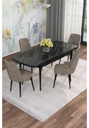 Mona Siyah Mermer 80x132 Açılabilir Mdf Masa Yemek Odası Takımı, Mutfak Takımı 4 Adet Sandalye Siyah Mermer - 4 Cappuccino - Siyah Ayak