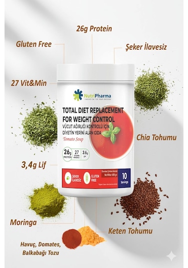 Whey Proteinli Domates Çorbası Öğün Yerine Geçen Yüksek Proteinli Tam Öğün, 600 G Domates