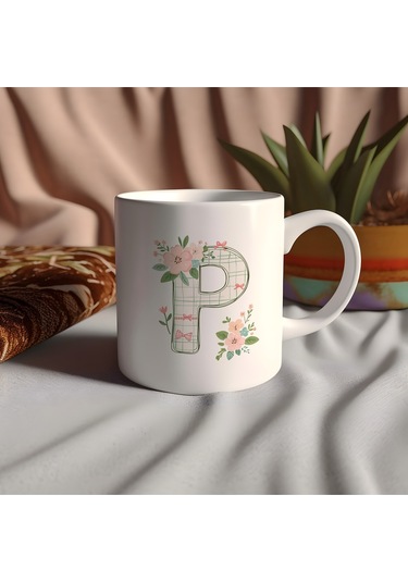P Harfli Çiçek Desenli Kupa Bardak - Ekose Desenli Yeşil Pembe Desenli Tasarım - Kişiye Özel Hediye Beyaz