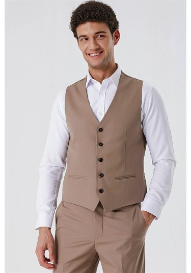 Koyu Bej V Yaka Klasik Yelek 1009230104-Koyu Bej