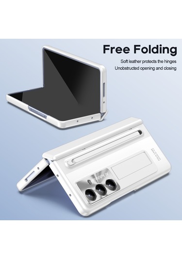 Samsung Galaxy Uyumlu Z Fold7 5g Kılıf Destekli Menteşeli Pc Telefon Kılıfı Temperli Cam Filmi Ve Kalem - Beyaz Beyaz
