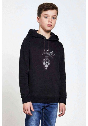 Biggie Hiphop Rap Baskılı Unisex Çocuk Kapüşonlu Siyah Sweatshirt Siyah