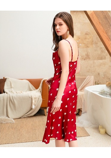 Sones Yaz Aşk-kalp Desenli Gecelik Taklit İpek Uzun Askılı Elbise Bayanlar İçin Kırmızı