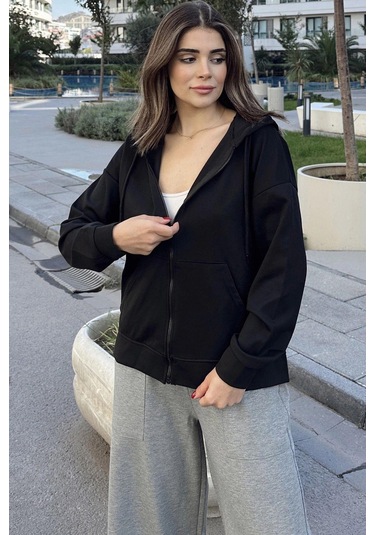 WeShaya Kadın Siyah Kapüşonlu, Fermuarlı, Cepli, Regular Kesim Sweatshirt Siyah