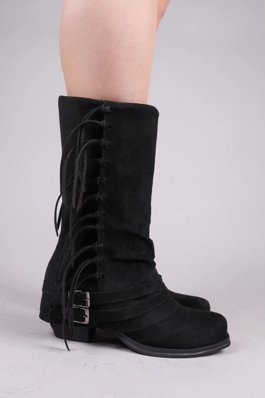 Vaquero Püsküllü Yarım Çizme Siyah-8379 Siyah