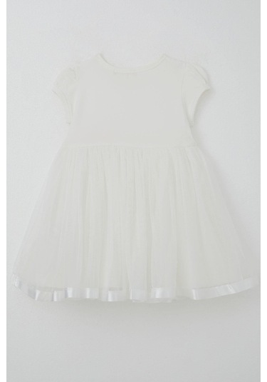 Breeze Kız Çocuk Elbise Tüllü Simli Fiyonk Aksesuarlı 2-6 Yaş, Ekru Ekru
