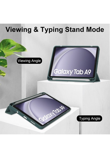 Youtek Samsung Galaxy Tab A9 8.7" Kılıf - A9 Plus 11" Uyumlu, Kalem Bölmeli, Uyandırma Fonksiyonlu, Üç Katlı Şeffaf Koruyucu Kılıf Koyu Yeşil