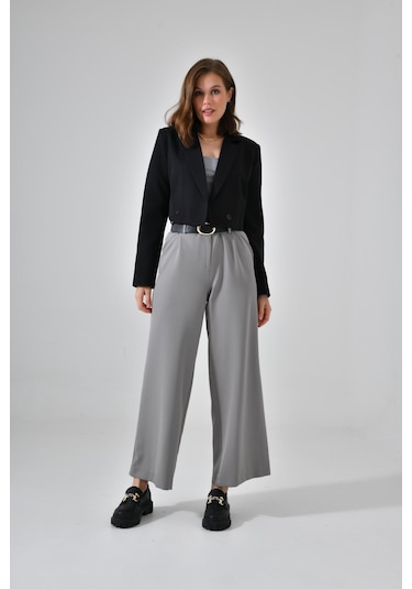 Siyah Kruvaze Crop Blazer Ceket Siyah