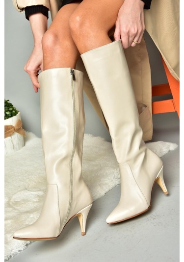Fox Shoes R372453009 Bej İnce Topuklu Kadın Çizme Bej