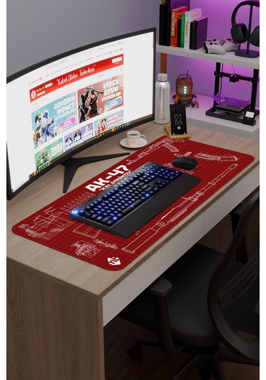 Ak 47 Siyah Kalaşnikov Cs Dikişli Kauçuk Oyuncu Mousepad - 90x40 Gaming Mouse Pad Ak-47 Bordo / Kırmızı