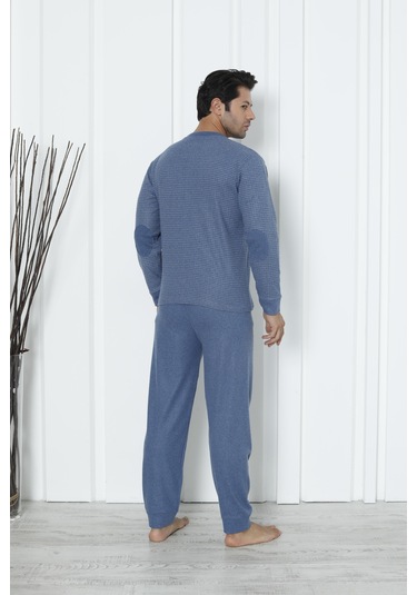 Falkom 5006 İnterlok Kalın Kışlık Çizgili Erkek Ev Pijama Takımı Mavi