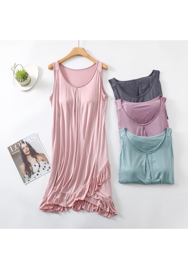 Modal Kolsuz Elbise Sütyen Yastıklı O-boyun Sundress Gevşek Ev Tekstili Elbiseler Artı Boyutu Nedensel Tank Uyku Elbisesi Açık Mavi