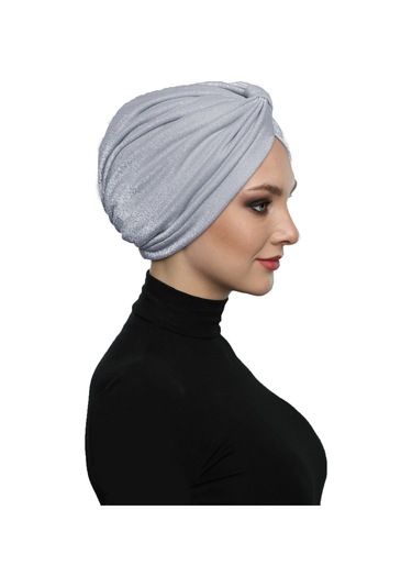 Simli Pike Çapraz Bantlı Astarlı Açık Gri Hazır Türban Tesettür Bone Abiye Açık Gri