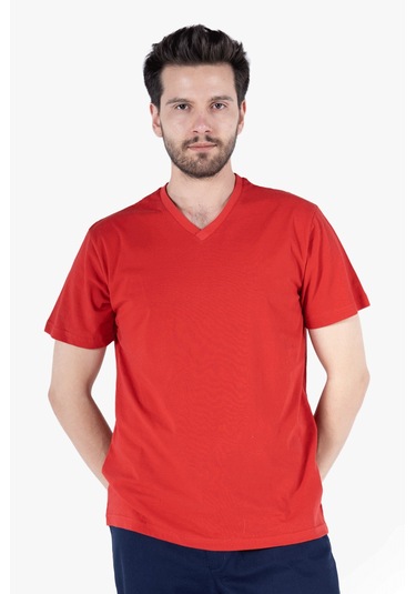 T-shirt V Yaka %100 Pamuk Kırmızı