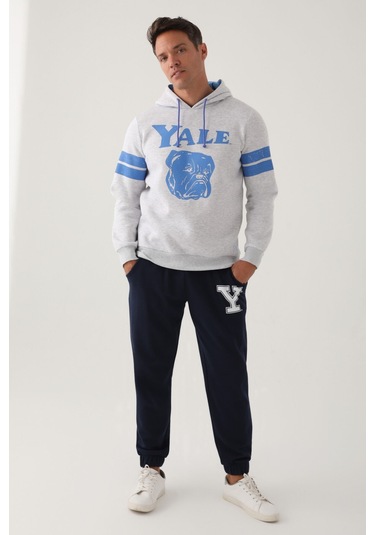 Yale Kar Melanj Kapüşonlu Ön Baskı Erkek Sweatshirt Kar Beyaz