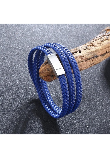 Basit Erkek Bilekliği Çok Katmanlı Deri Bileklikler Charm Metal Tokalı Erkek Takıları Hediyeler Mavi