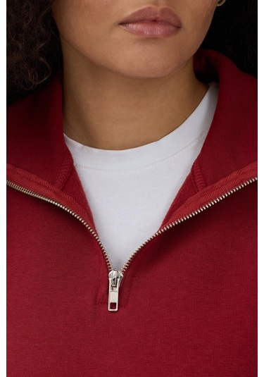 Unisex Regular Fit Rahat Kesim Pamuklu Içi Polarlı Yarım Fermuarlı Bordo Dik Yaka Sweatshirt Bordo