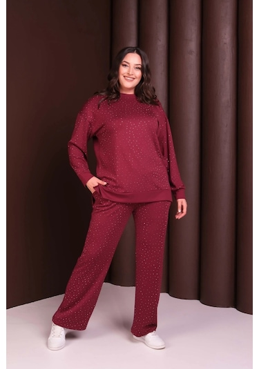 Önü Taş Baskılı Alt-üst Takım Bordo