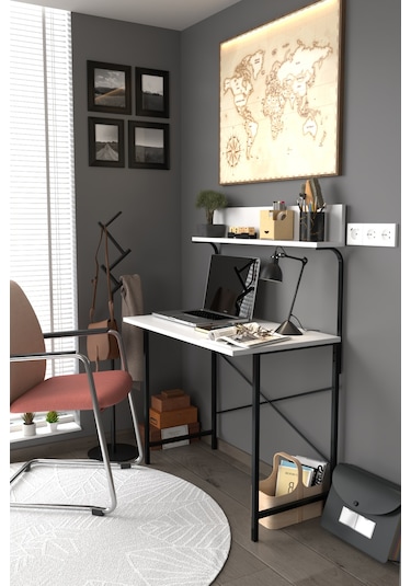 Parla Üstten Raflı Dekoratif Çalışma Masası 50x90 Cm Beyaz