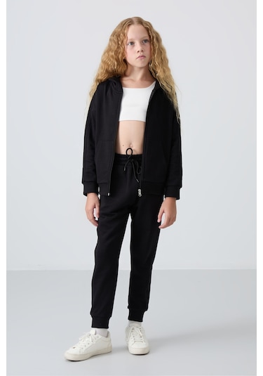 Tommy Life Siyah Pamuklu İçi Tüylü Yumuşak Dokulu Standart Fit Nakışlı Kız Çocuk Eşofman Takım - 75148 Siyah