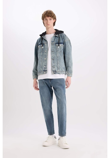 DeFacto %100 Pamuk Oversize Geniş Kalıp Kapüşonlu Düğmeli Mevsimlik Baharlık Jean Ceket D0417AX25SPNM39