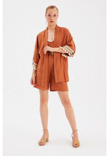 Sateen Kol Detaylı Salaş Keten Kimono - Taba
