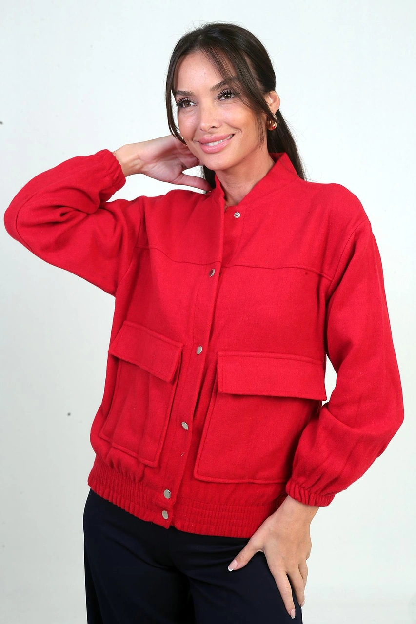 Beli Lastikli Torba Cepli Kaşe Bomber Mont-41914 Kırmızı