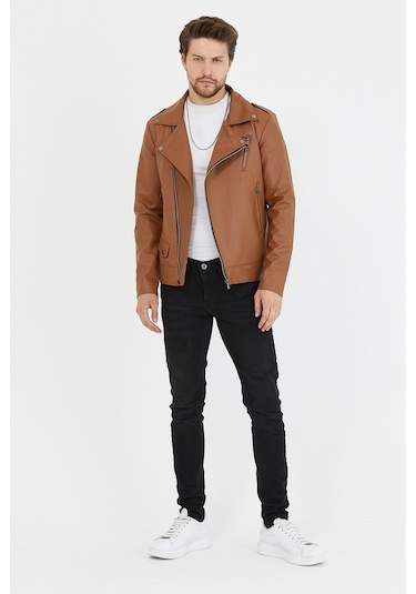 Erkek Taba Yeni Sezon Çapraz Fermuarlı Deri Ceket Mont-Taba