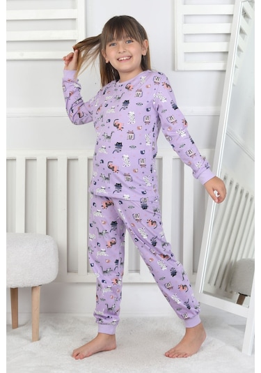 Uzun Kollu Cute Cat Desenli Kız Çocuk Pijama Takımı Mor