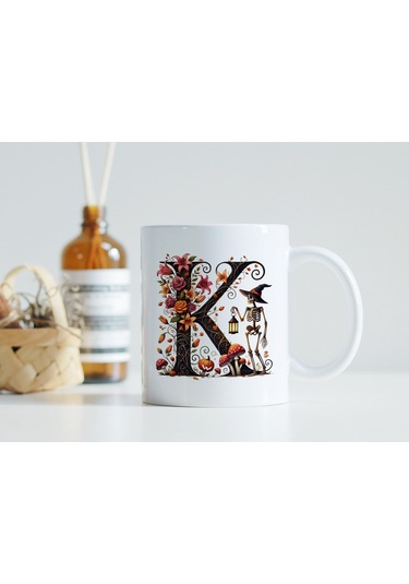 K Harfi Şapkalı İskelet Figürlü Ve Çiçekli Kupa Bardak - Cadılar Bayramı / Halloween Özel Hediye Beyaz