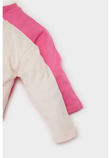 DeFacto Kız Bebek Yenidoğan Bisiklet Yaka Dinazor Baskılı Penye 2'li Uzun Kollu Tişört E6362A525SPPN324 Pembe