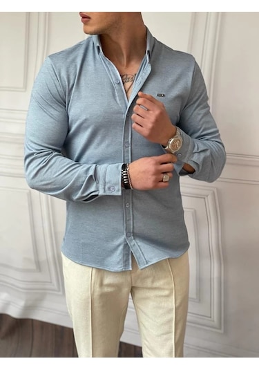 Modefendi Slimfit Merserize Pamuk Uzun Kollu Gömlek Mavi