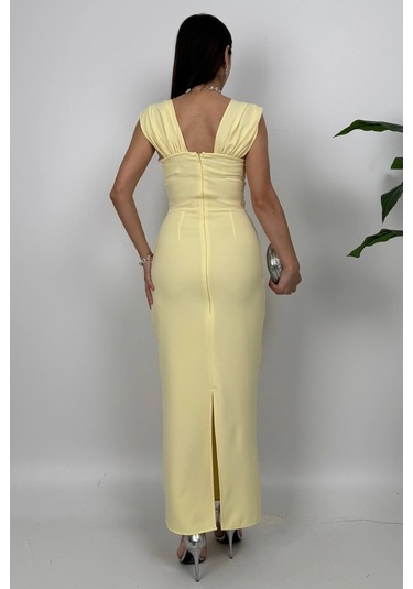 Valentia Madonna Yaka Taş İşlemeli Kalem Sarı Abiye Elbise, Zarif Davet Elbisesi Sarı