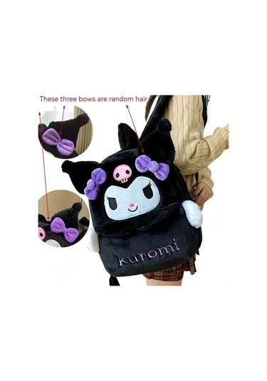Kuromi Sırt Çantası Büyük Kapasiteli, Peluş Detaylı Sevimli Karikatür Tasarım, Günlük Kullanım & Hed Siyah