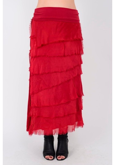 İtalyan 2 Beden Ince Gösteren Kat Kat Ipek Etek & Straplez Elbise Kırmızı