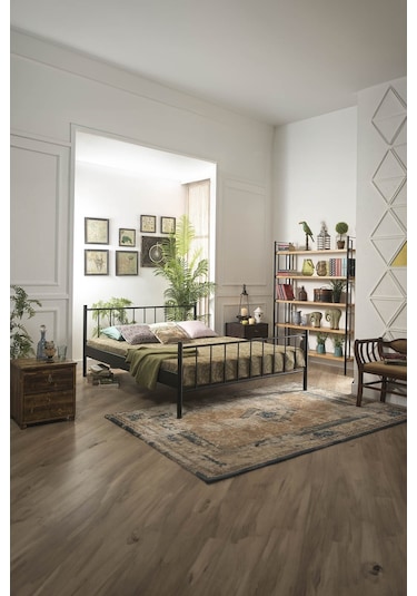 Falez Çift Kişilik Ferforje Metal Karyola-siyah Ahşap Latalı