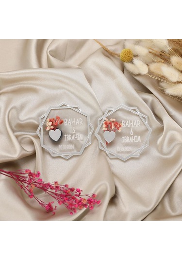 10 Lu Kişiye Özel Akrilik Magnet Nikah Şekeri - Gümüş Detaylı Çiçekli Tasarım