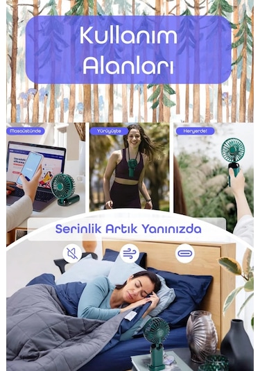 Lcd Ekranlı Şarjlı El Fanı Mini Vantilatör 5 Kademe Sessiz Boyun Askılı Yeşil Fan