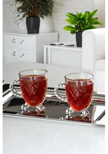 Porsima 15720 Ayaklı Kulplu Desenli Cam Bardak 200 CC 4'lü