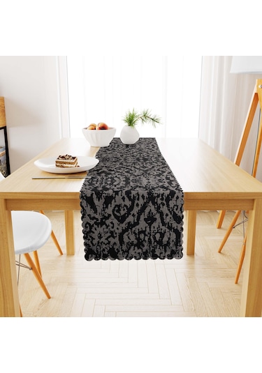 Damask Desenli Siyah Beyaz Dijital Baskılı Süet Dokuma Runner 40x140