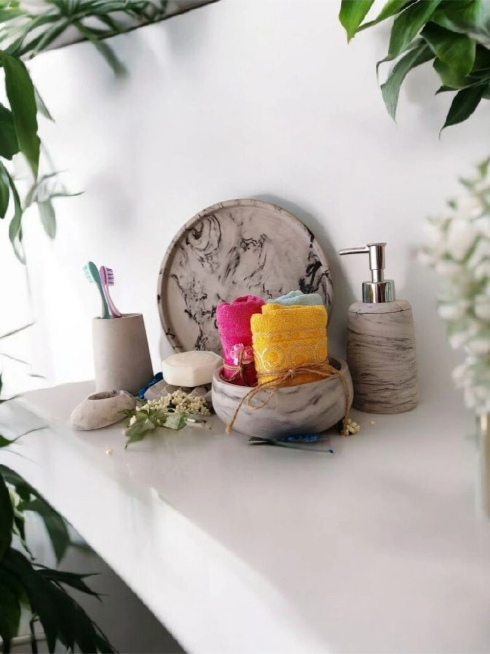 Mermer Desen Antrasit Serisi Beton Banyo Seti,tepsi,sıvı,katı Sabunluk,havluluk,mumluk Antrasit