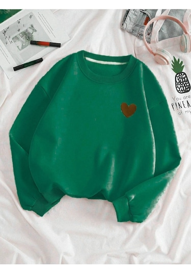Kırmızı Minimal Kalp Baskılı Sweatshirt - Nefti Yeşil Kalın Kışlık Bisiklet Yaka Nefti