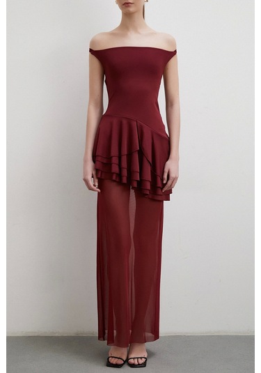 Boyun Askılı Fırfırlı Tül Elbise Bordo Bordo