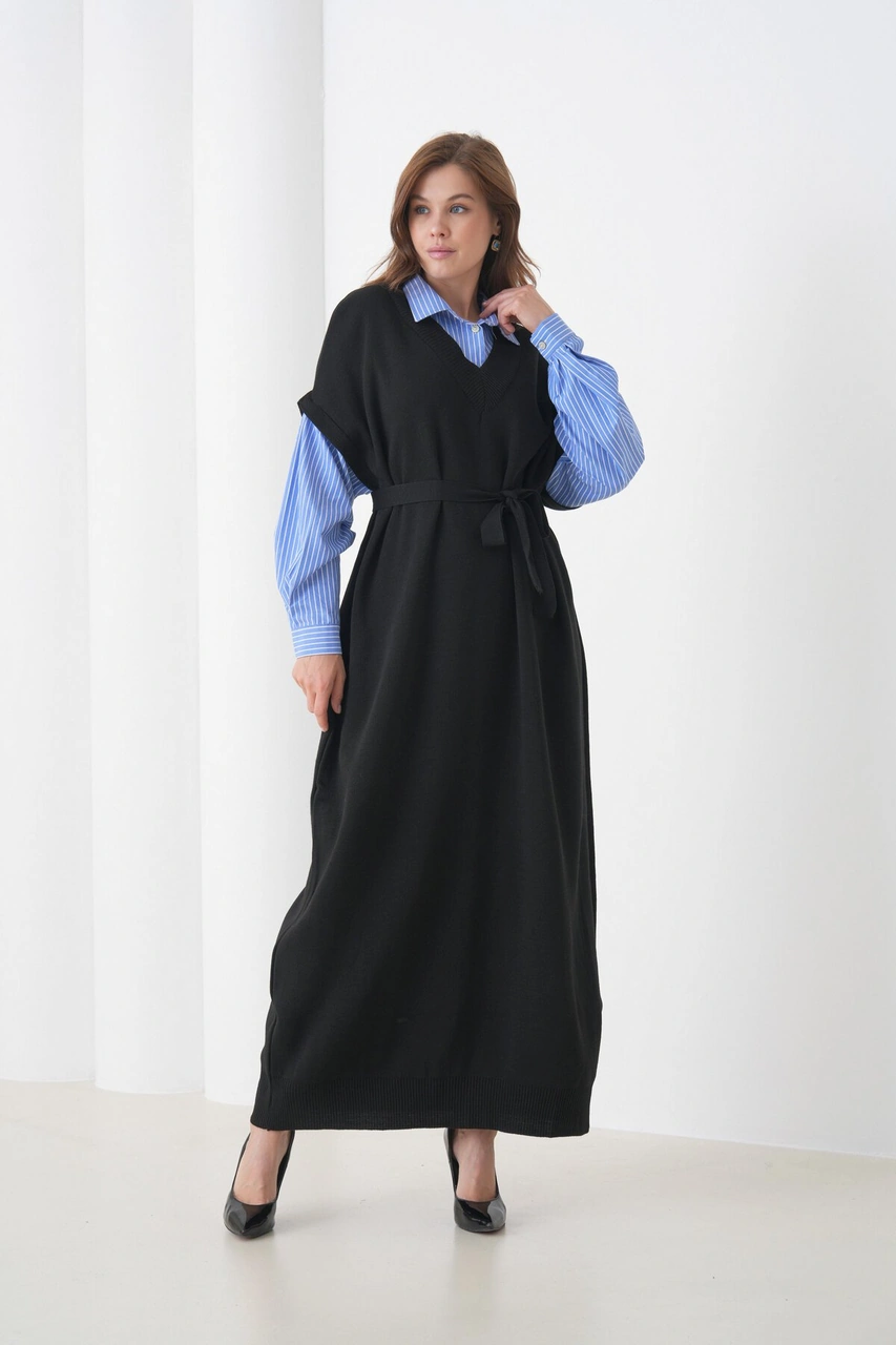 Kadın Uzun Kol Gömlek Yaka İçi Gömlekli Triko Kuşaklı Triko Spor Şık Elbise Siyah