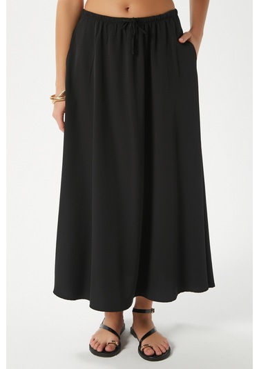 Kadın Seaside Siyah Astarlı Bel Lastikli Cepli Dokuma Uzun Etek Siyah