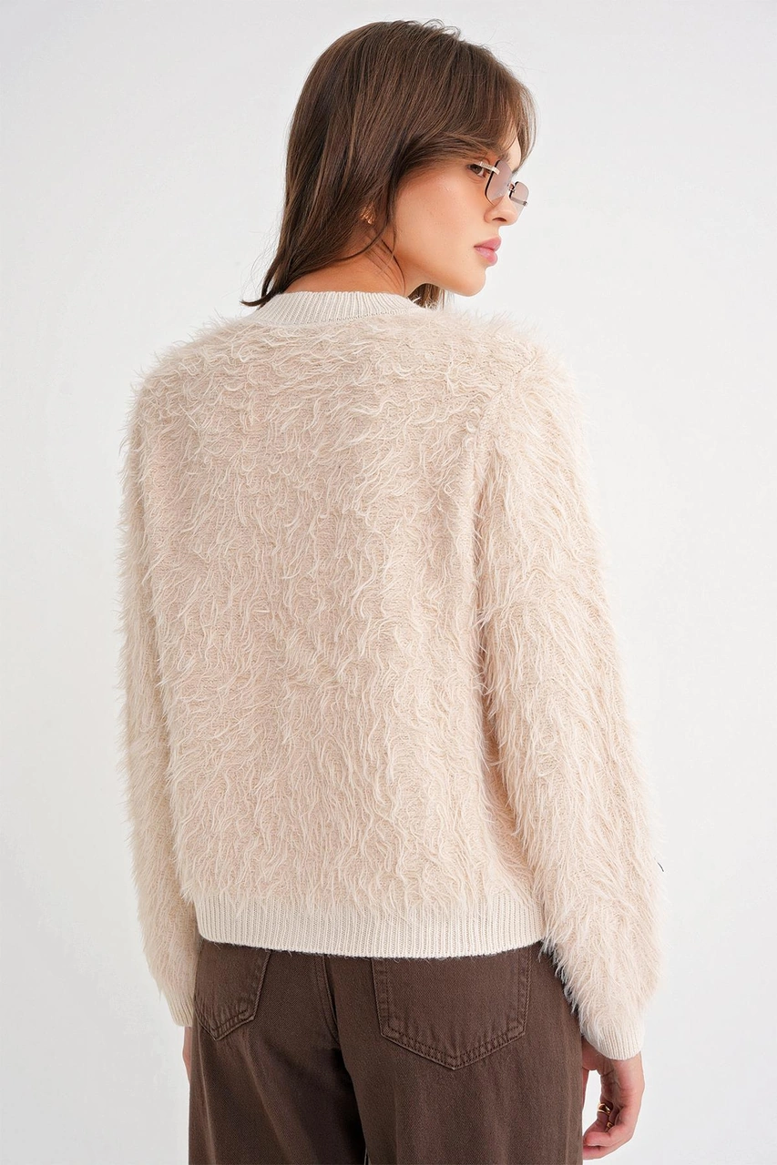 6897 Kadın Uzun Sakallı Bant Detaylı Triko Hırka Naturel Naturel