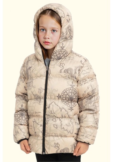 Kız Çocuk Pusula Desen Polar Su Ve Rüzgar Geçirmez Kapüşonlu Şişme Kışlık Mont Bej