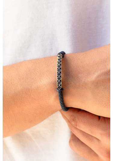 Cenova Kuyumculuk 14 Ayar Altın Taşlı Lacivert Kauçuk Erkek Bilekliği Lacivert